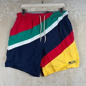 Morro Bay Mens‎ Vintage Colorblock Swim Trunks Red Green Navy Yellow Medium